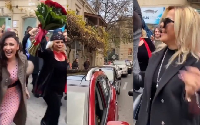 Müğənnilər avtomobil yolunda rəqs etdilər - video